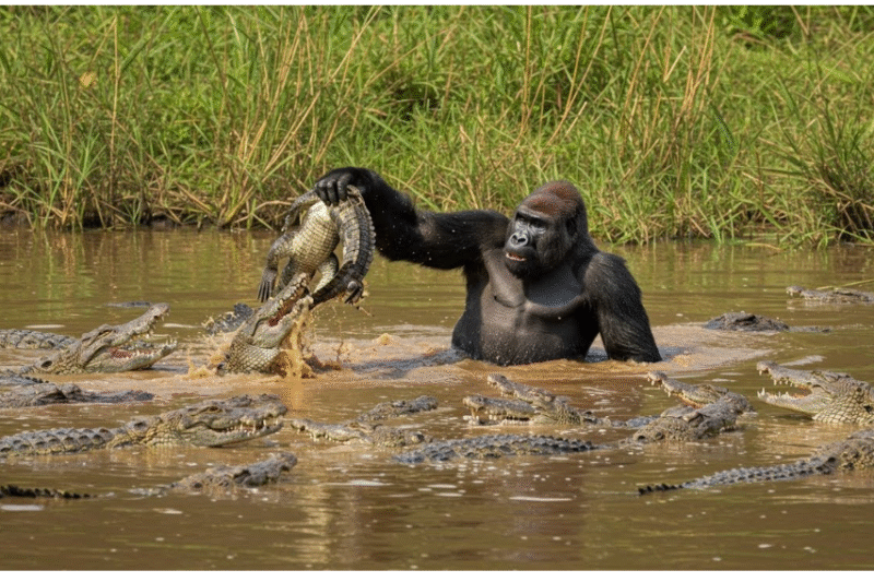 Gorilla at the Middle of River to Attack on a crocodile